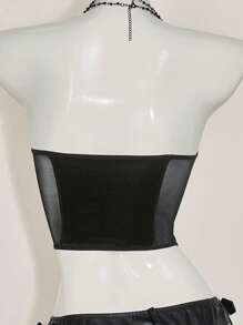 SHEIN ICON Women's Black Satin Crop Top, Strapless Sleeveless Cut Out Design With Chain Detail, Asymmetrical Hem - Black - View 3