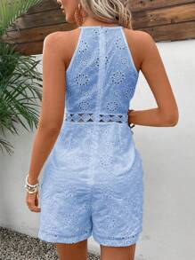 Breezaya 女士度假休闲纯色镂空刺绣吊带连体裤 - 藍色 - 查看 2