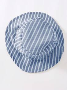 SHEIN 2 件套男婴/女婴夏季彩色条纹无袖连体衣和短裤，配渔夫帽，休闲百搭服装，适合旅行和度假 - 藍白色 - 查看 5