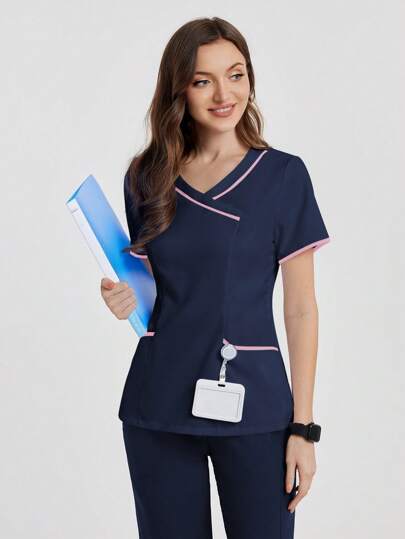 SHEIN TaskFit V 领口袋短袖手术服制服上衣