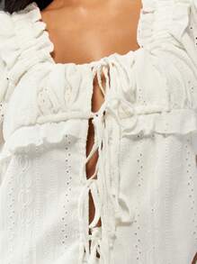 MISSGUIDED PLUS Eyelet Lace Drawstring Puff Sleeve Blouse Summer Plus Size Ruffle Trim Square Neck Boho Prairie Feminine Casual Top Spring Fashion - White - View 4