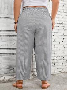 SHEIN CURVE+ Plus Size Vacation & White Striped Ruffle Waist Straight Leg Cropped Pants, Casual Bohemian Trousers