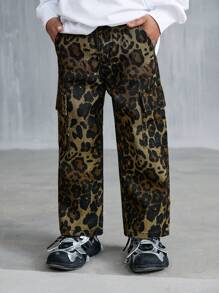 Young Boys Casual Loose Straight Fit Jeans With Cargo Pockets And Leopard Print, Coffee Brown Color - Coffee Brown - View 4