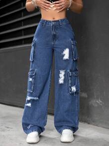 SHEIN PETITE 女式破洞多口袋休闲阔腿牛仔裤