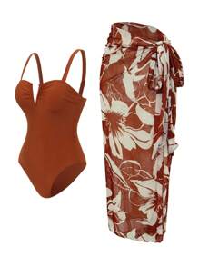 Swim Oasis Women's Elegant 2 Pieces V-Neck Adjustable Strap Floral Print Swim Skirt And Swimsuit Set, Vacation Outfit For Summer - Rust Brown - View 4