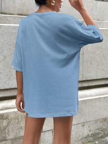 SHEIN Cottnline T-SHIRT OVERSIZE BLANC 100% COTON AVEC DÉTAIL DE BRODERIE EN FORME DE CŒUR - Bleu ciel - Voir 3