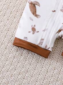 Pelele de manga corta con cremallera frontal y estampado de tortuga, con puños y piernas de contraste para bebés niños, mono casual