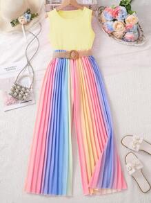 Sparklyn Tween 女童无袖圆领背心搭配彩虹褶皱阔腿裤套装，适合通勤和休闲，春夏季 - 黃色 - 查看 1
