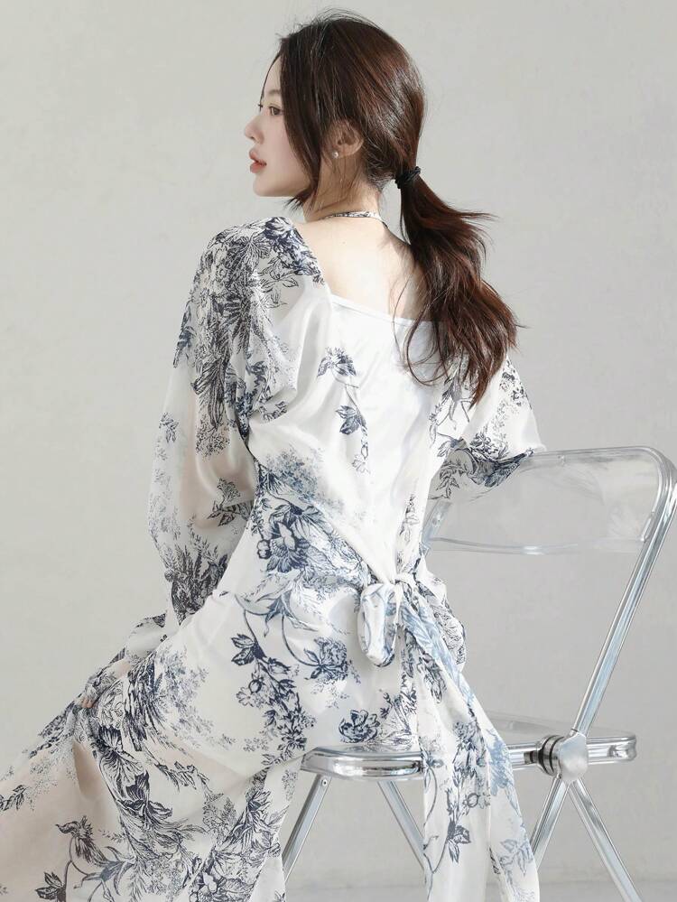 Women's Elegant Long Ink Painting Floral Print Dress Vacation