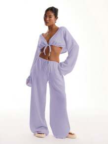 MUSERA Linen Feel Tie Front Wide Sleeve Beach Top  Vacation Beach Holiday Ibiza Going Out Tops Club Christmas,Elegant