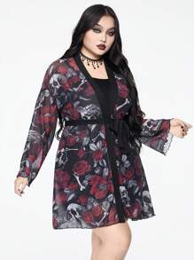 ROMWE Goth 大码哥特式玫瑰骷髅网眼印花长袍配腰带