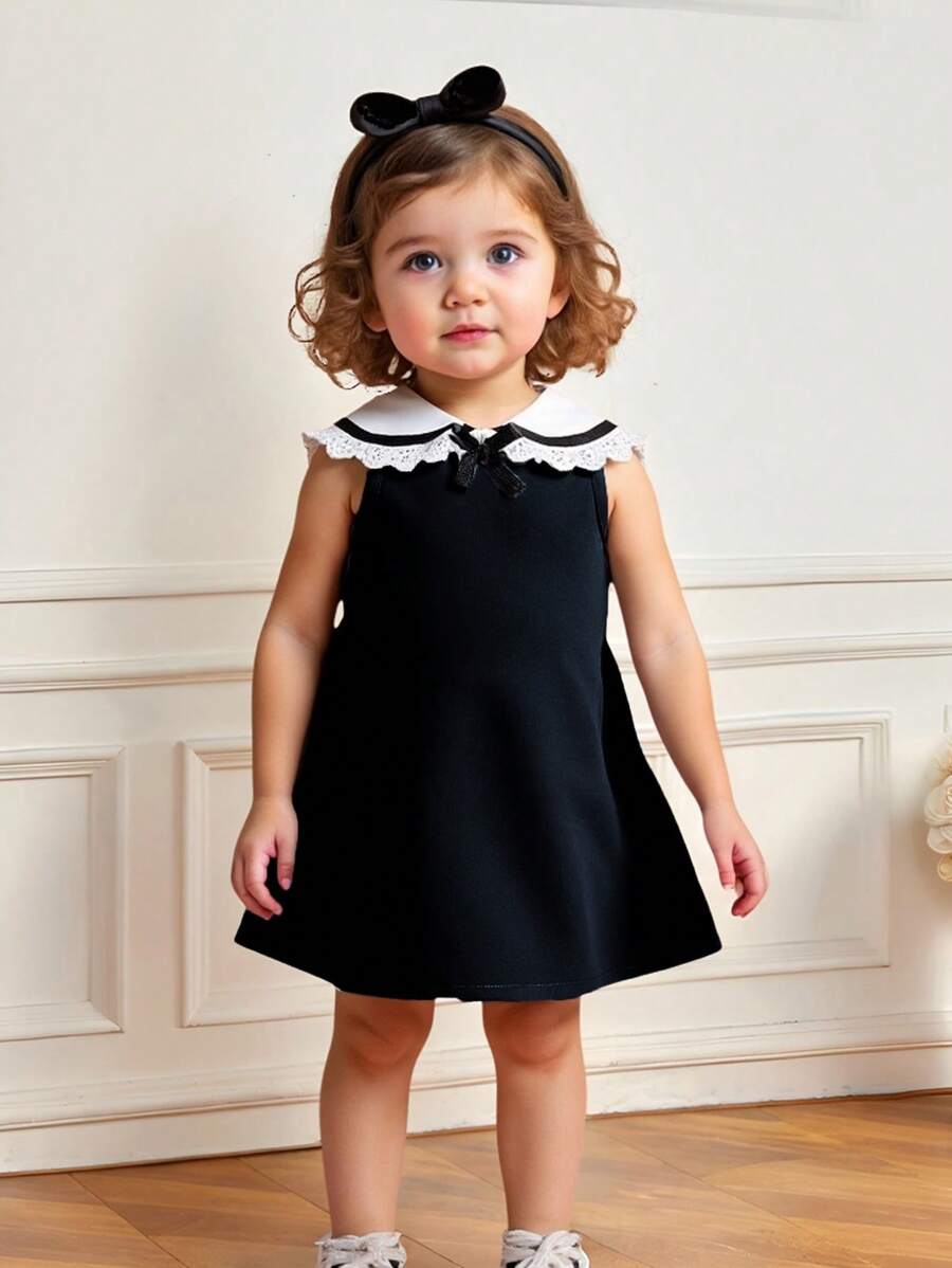 Rochie gri, drăguță, minimalistă, elegantă, cu broderie, fără mâneci, cu guler cu volane, potrivită pentru ținute casual zilnice, întâlniri, ieșiri și vacanțe de vară - Negru - Vizualizare 1