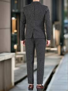Manfinity Mode Men's Business Commuter Striped Double-Breasted Blazer And Trousers Suit Set - Black - View 2