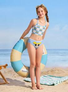 THE POWERPUFF GIRLS X SHEIN Tween Girl Summer Beach Cute Cartoon Bubbles Print Bikini Set - Blue - View 4