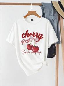 SHEIN EZwear Luźna damska koszulka typu T-shirt w stylu casual, minimalistyczna kokarda i nadruk wiśniowy, okrągły dekolt, krótki rękaw, luźna koszulka