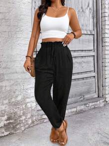 SHEIN LUNE Plus Size Women Linen Blend Drawstring Waist Casual Pants Fall Cloth For Women - Black - View 3