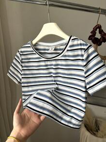 SHEIN Leap Crew Tween Girls Simple Colorful Striped Knitted Tight Crop Fitted Casual T-Shirt - Baby Blue - View 1