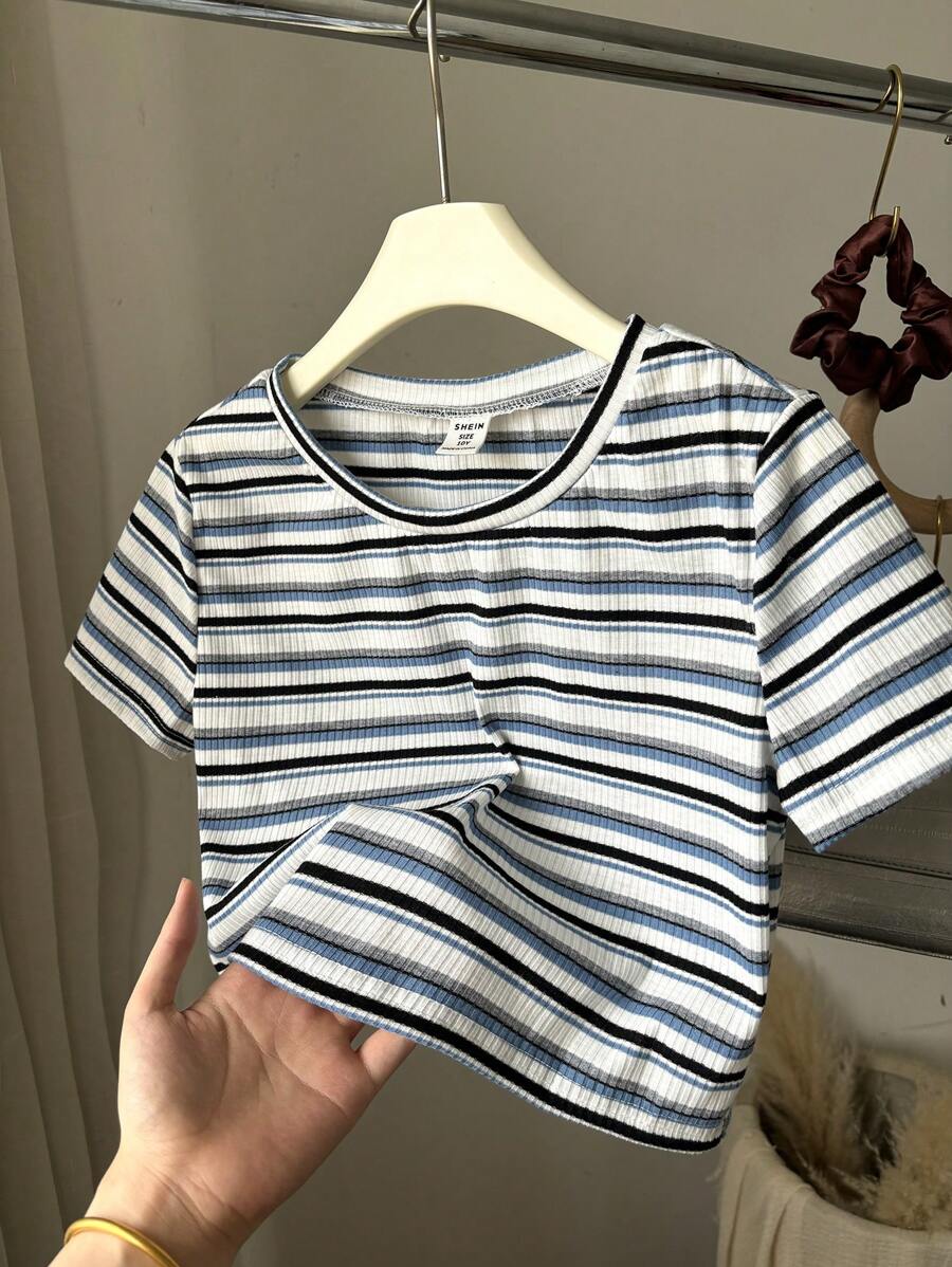 SHEIN Leap Crew Tween Girls Simple Colorful Striped Knitted Tight Crop Fitted Casual T-Shirt - Baby Blue - View 1