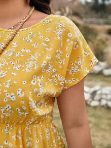 SHEIN LUNE Vestido casual versátil con estampado floral diminuto talla grande, atuendo para concierto country, atuendo de graduación, atuendos de verano para mujeres, atuendos para brunch, atuendos de verano para mujeres, atuendos para brunch para mujeres, atuendos para el Día de la Madre, atuendos para la iglesia para mujeres, vestido amarillo mantequilla - Amarillo - Ver 7