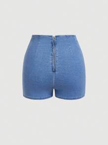 SHEIN MOD 女士休闲牛仔短裙，系带设计和开衩下摆 - 藍色 - 查看 2