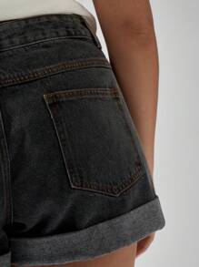 MISSGUIDED PLUS Plus Size Roll Up Denim Shorts High Rise Vintage Wash Casual Summer Cotton Jean Shorts With Classic 5-Pocket Design Perfect For Beach Vacation Festival - Black - View 7