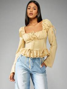 MISSGUIDED Elegant Puff Sleeve Corset Blouse Square Neck Ruched Tie Front Empire Waist Victorian Style Fall Winter Top Retro Cottagecore Fashion - Yellow - View 1