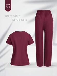 TaskEZ Uniform Set: V-Neck Short Sleeve Tailored Blouse And Drawstring Straight Leg Casual Pants, Scrub Sets - Red Violet - View 2