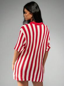 MISSGUIDED 复古条纹针织纽扣开衫夏季沙滩罩衫钩针休闲度假装经典美式圣诞节 - 紅白色 - 查看 2