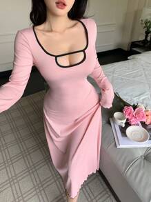 女士休闲镂空方领连衣裙，舒适保暖，秋冬必备 - 彩色 - 查看 2