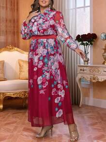 Modelyn 新款印花长袖高腰连衣裙（配系带腰带） - 紅色 - 查看 6