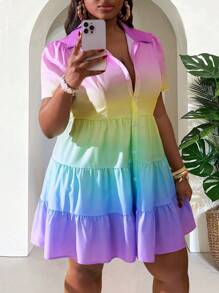 Slaydiva Plus Size Women Ombre Short Sleeve Single-Breasted Ruffle Hem Dress - Multicolor - View 5
