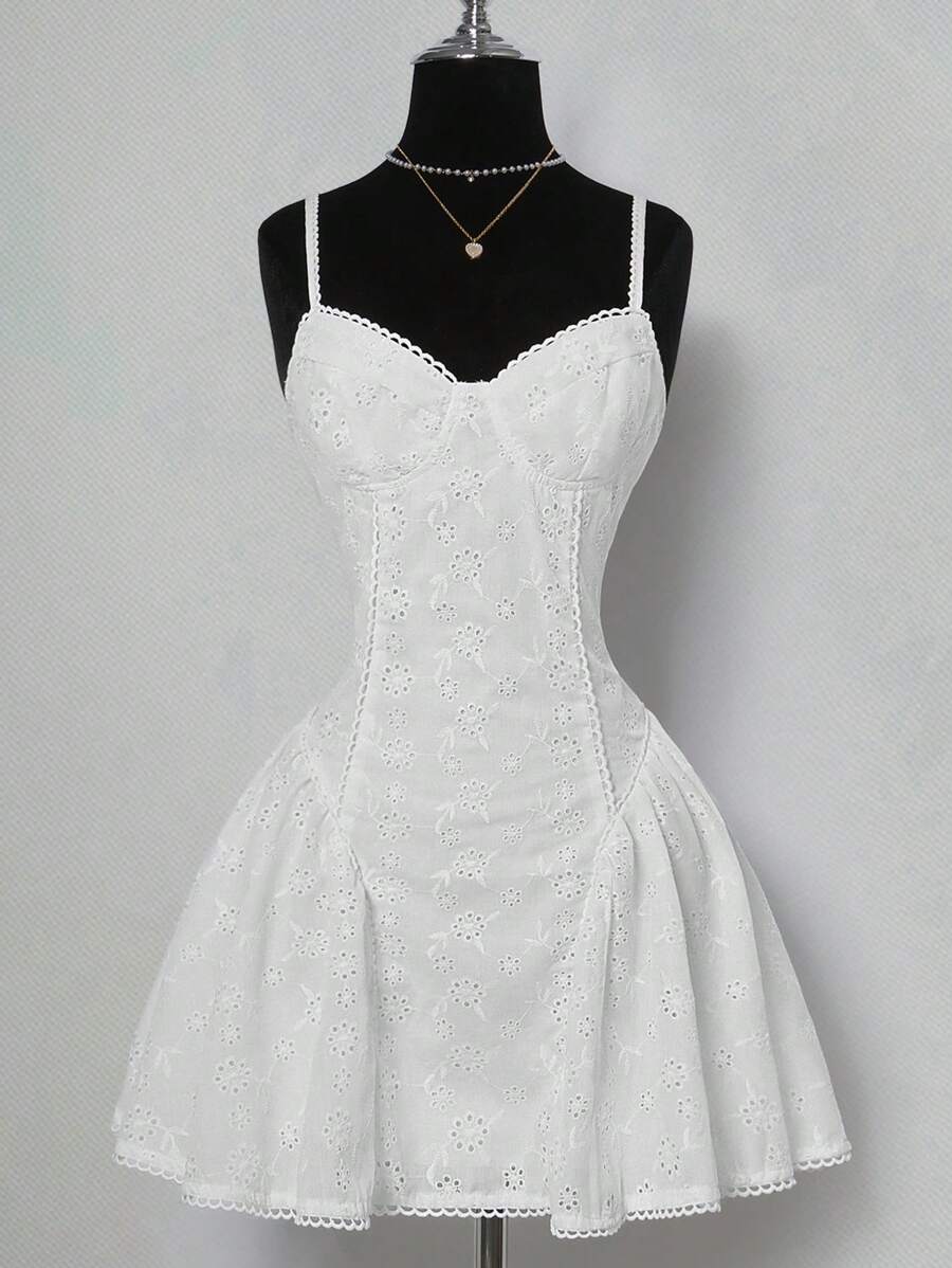 SHEIN ICON Spring And Summer White Flowy Beach Tea Party Going Out Sundress Short Elegant Solid Color Hollow Embroidered Slip Tea Party Mini Dress Easter Dress Women - White - View 1