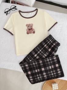 Tween Girls Cute Cartoon Bear Print Round Neck Short Sleeve T-Shirt + Plaid Pattern Loose Pants 2pcs Pajama Set - Apricot - View 1