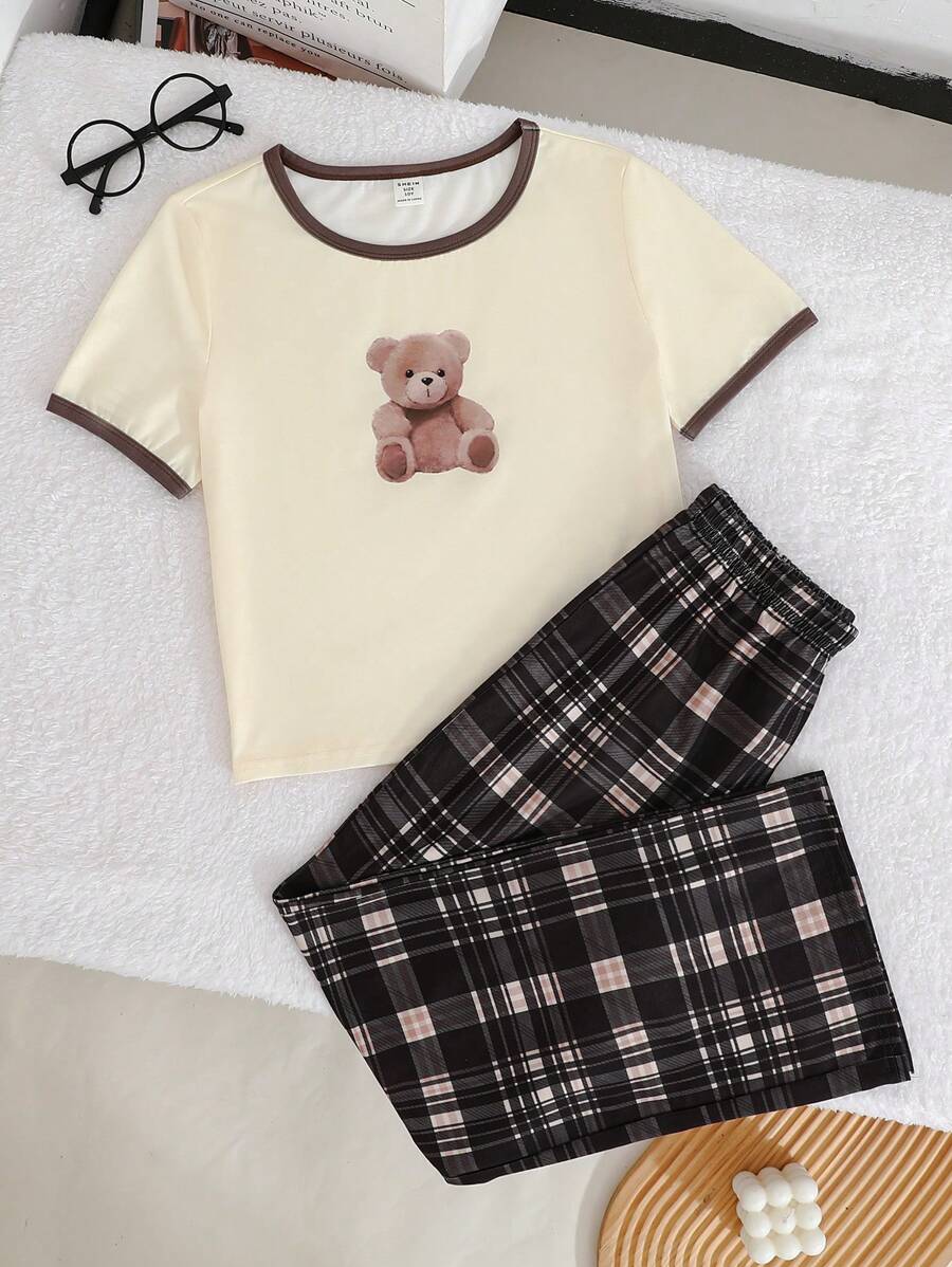 Tween Girls Cute Cartoon Bear Print Round Neck Short Sleeve T-Shirt + Plaid Pattern Loose Pants 2pcs Pajama Set - Apricot - View 1