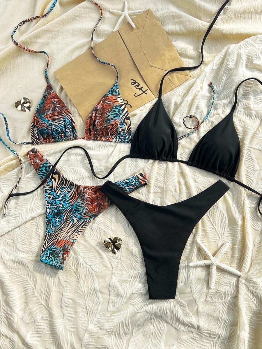 Swim Vcay 女士全新夏季海滩豹纹印花和黑色细肩带上衣和高腰下装比基尼泳装套装,波西米亚风泳衣 - 彩色 - 查看 1