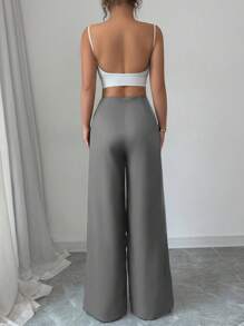 Chiquease Elegant Romantic Flower & Rose Print Wide-Leg Casual Pants, Suitable For Commuting - Grey - View 2