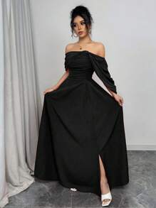 Rafferiza Đầm xòe hở vai, cổ bẻ, eo xoắn không dây cho nữ - màu đen - Xem 5