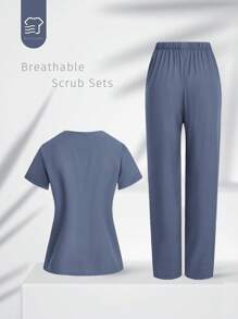 TaskEZ Uniform Set: V-Neck Short Sleeve Tailored Blouse And Drawstring Straight Leg Casual Pants, Classic Unisex Scrub Sets - Baby Blue - View 2
