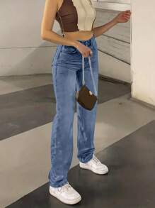 SHEIN Privé Casual Washed Fitted Straight Leg Jeans - Medium Wash - View 3