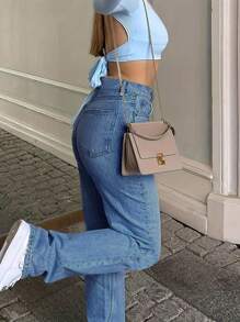 SHEIN Privé Casual Washed Fitted Straight Leg Jeans - Medium Wash - View 4