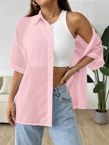 SHEIN EZwear 复古休闲透明粉色音乐节女式短袖上衣 - 粉色 - 查看 8