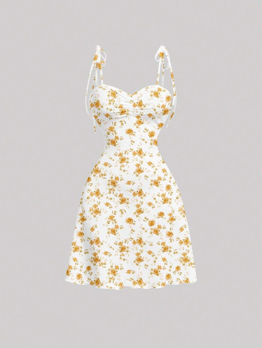 SHEIN MOD Shoulder Tie Ruched Waist A-Line Dress, Suitable For Summer - Multicolor - View 1