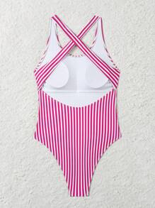 Swim SPRTY Trang phục đi biển cho phụ nữ, đồ bơi thể thao một mảnh không tay in họa tiết sọc chéo lưng mùa hè mới cho phụ nữ - Màu Hồng Tươi - Xem 2