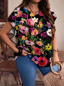 EMERY ROSE Casual Minimalist Painting Full-Print Loose Fit Round Neck Short Sleeve Plus Size Shirt, Suitable For Summer