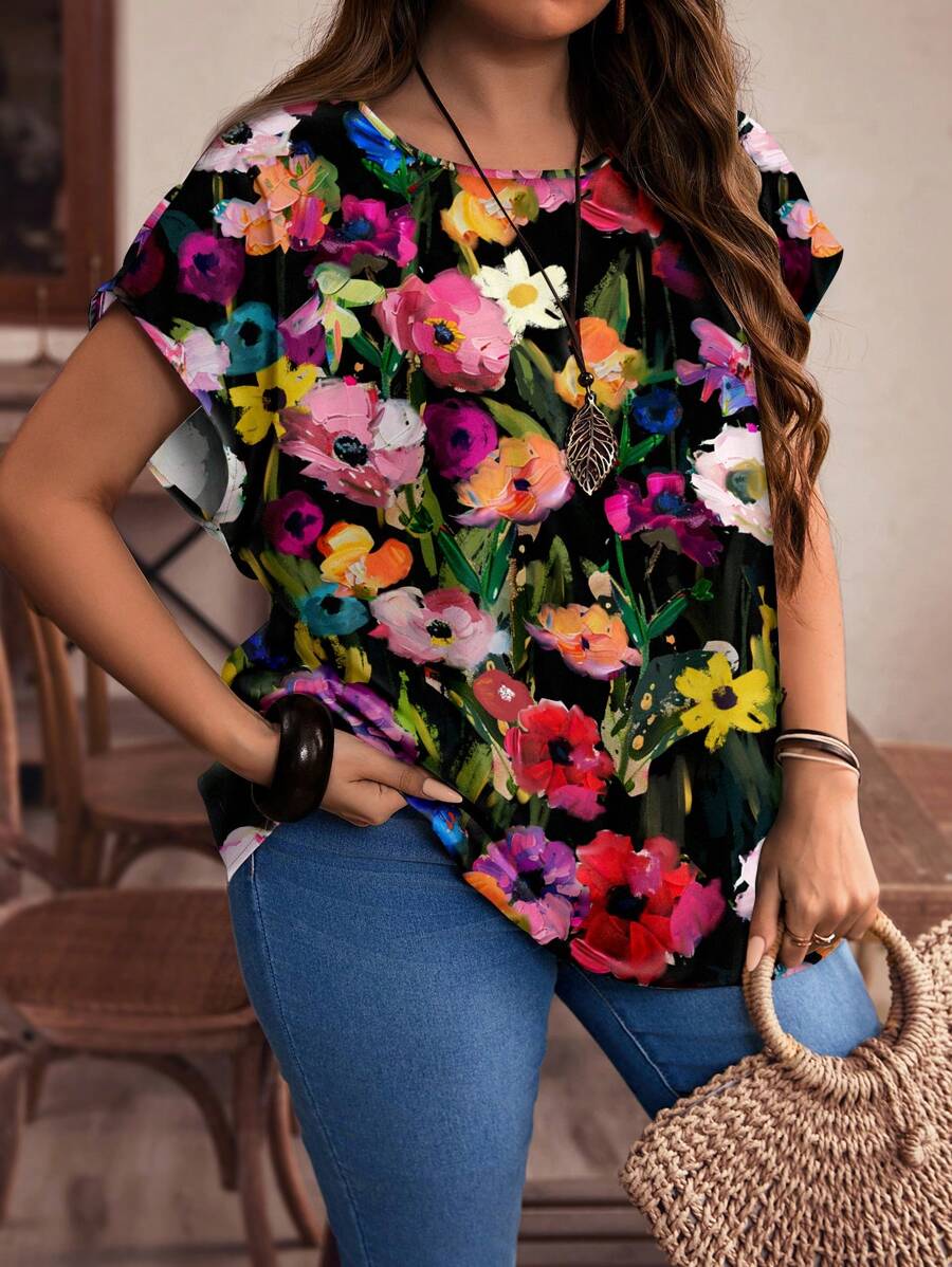 EMERY ROSE Casual Minimalist Painting Full-Print Loose Fit Round Neck Short Sleeve Plus Size Shirt, Suitable For Summer
