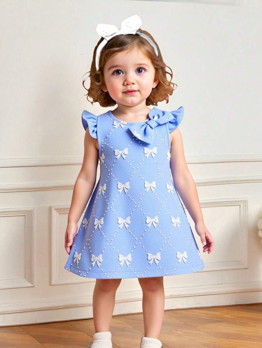 Vestido azul soñador adorable con decoración de mariposa texturizada para niña bebé - Azul - Ver 1