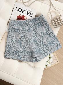 Franclia Women Floral Jacquard Pleated High Waist A-Line Casual Shorts - Multicolor - View 3