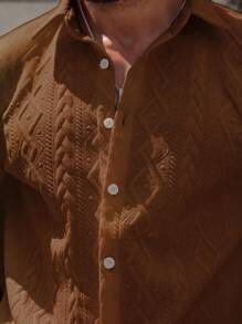 Manfinity CasualCool 2 件男士短袖单排扣衬衫和短裤套装男士衬衫套装男士衬衫套装，男士棕色套装，男士 2 件套棕色套装，男士两件套棕色，男士棕色套装 - 棕色 - 查看 3