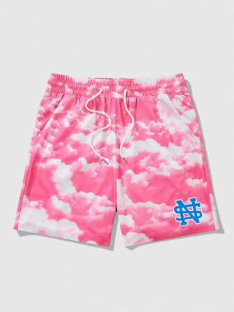 Street Life Pantalones cortos casuales con estampado de letras y nubes, cintura con cordón y bolsillos, para volver al colegio