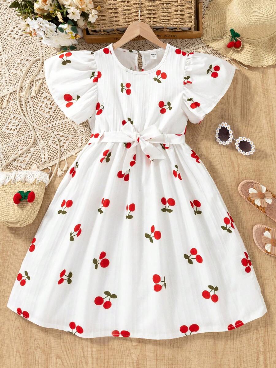 SHEIN Genkimix Kids 甜美可爱的女孩夏装，樱桃印花，荷叶边袖子，休闲风格，可机洗 - 非常适合派对和海滩活动